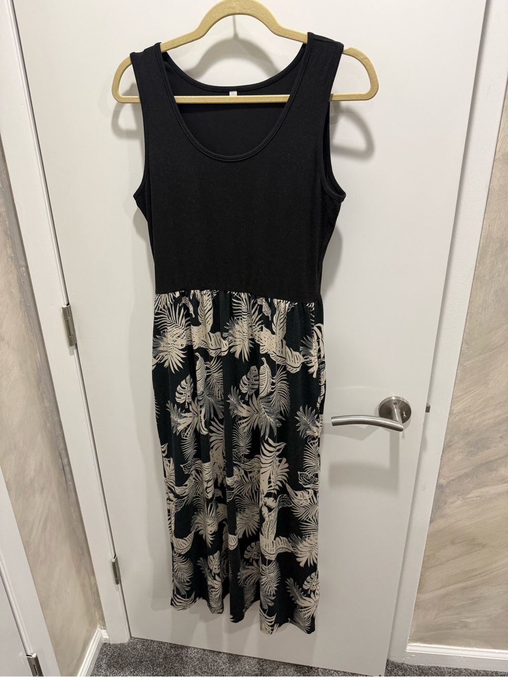 Black Tank Maxi Dress with Cream Leaf Print